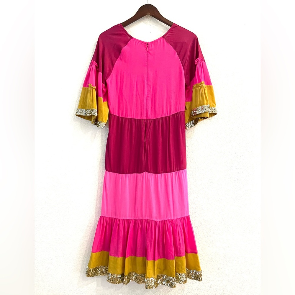 NWT Figue  Silk Crepe Colorblock Gold Sequin  Trim Midi Dress Bohemian Gypsy - Picture 10 of 16